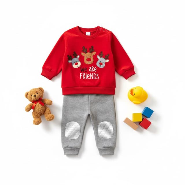 Velvet Reindeer Sweatshirt and Quilted Knee Gray Pants Set