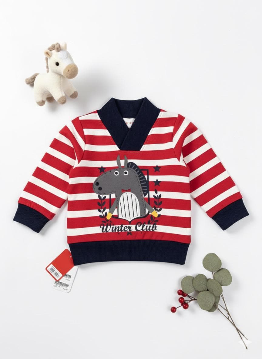 Striped V-Neck Sweatshirt with Horse Appliqué
