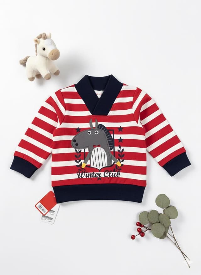 Striped V-Neck Sweatshirt with Horse Appliqué