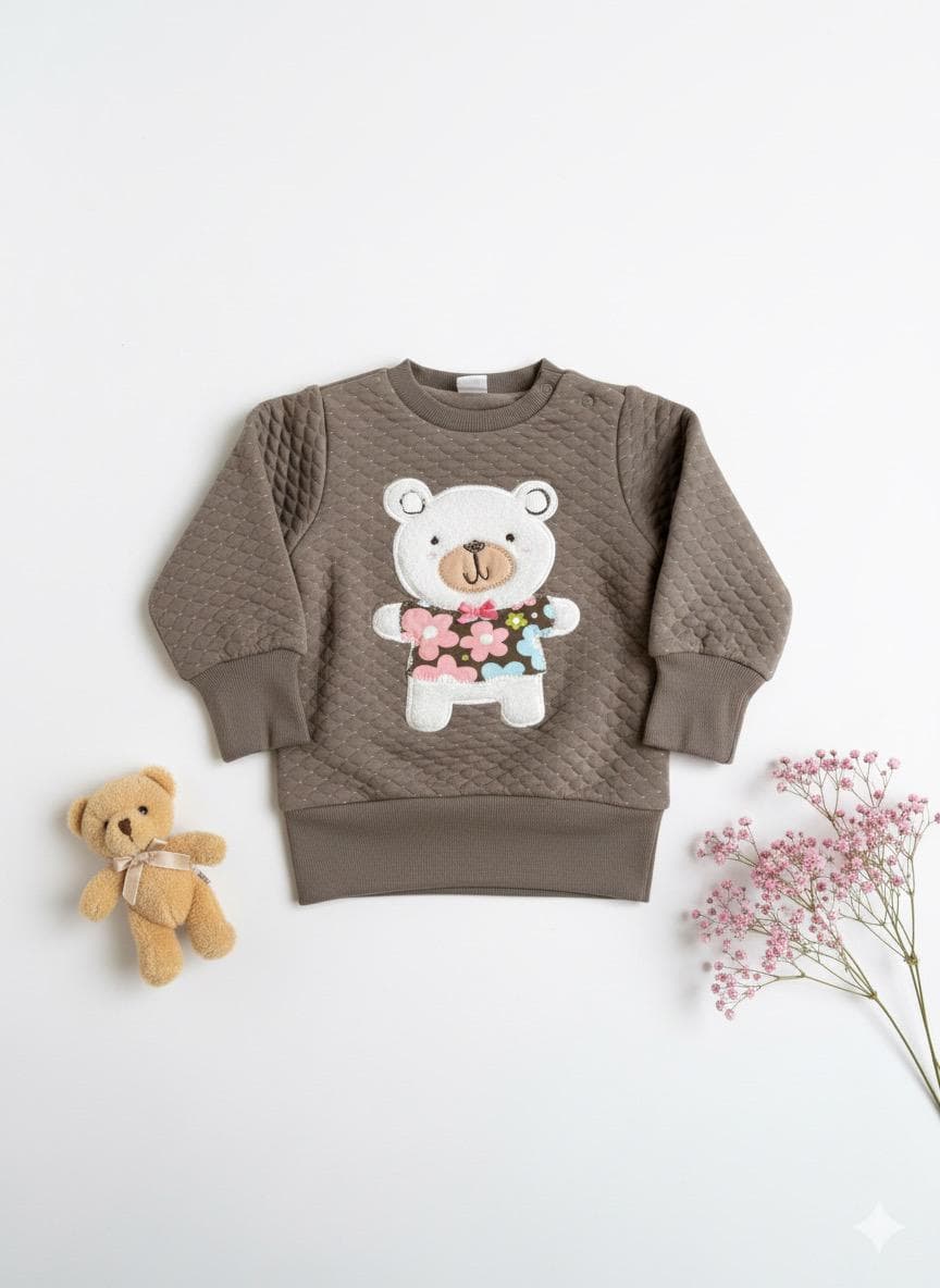 Quilted Brown Sweatshirt with Floral Bear Appliqué