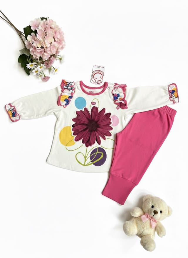 Sweet Pink Cotton Ruffle Shoulder Flower Outfit