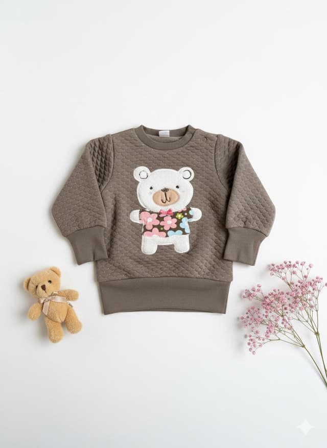 Quilted Brown Sweatshirt with Floral Bear Appliqué