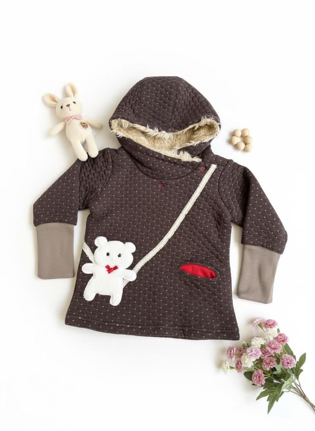 Quilted Hooded Top with Crossbody Bear Appliqué